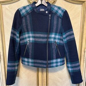 GAP Blue & Green Gray Plaid Zip Front Wool Mix Quilted Moto Coat Jacket
